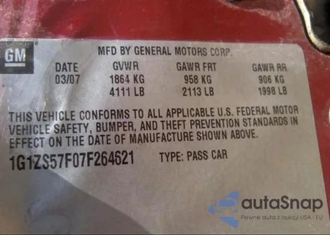 2007 Chevrolet Malibu Ls z USA, uszkodzony, nr VIN 1G1ZS57F07F264621